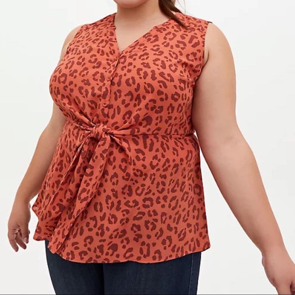 Orange Leopard Georgette Peplum Tie-Front Tank - Picture 2 of 7